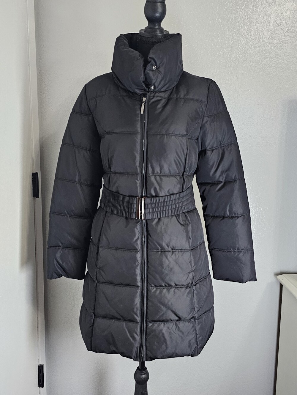 Forever 21 Black Quilted Puffer Coat with Belt Women's Long Jacket- Size Medium
